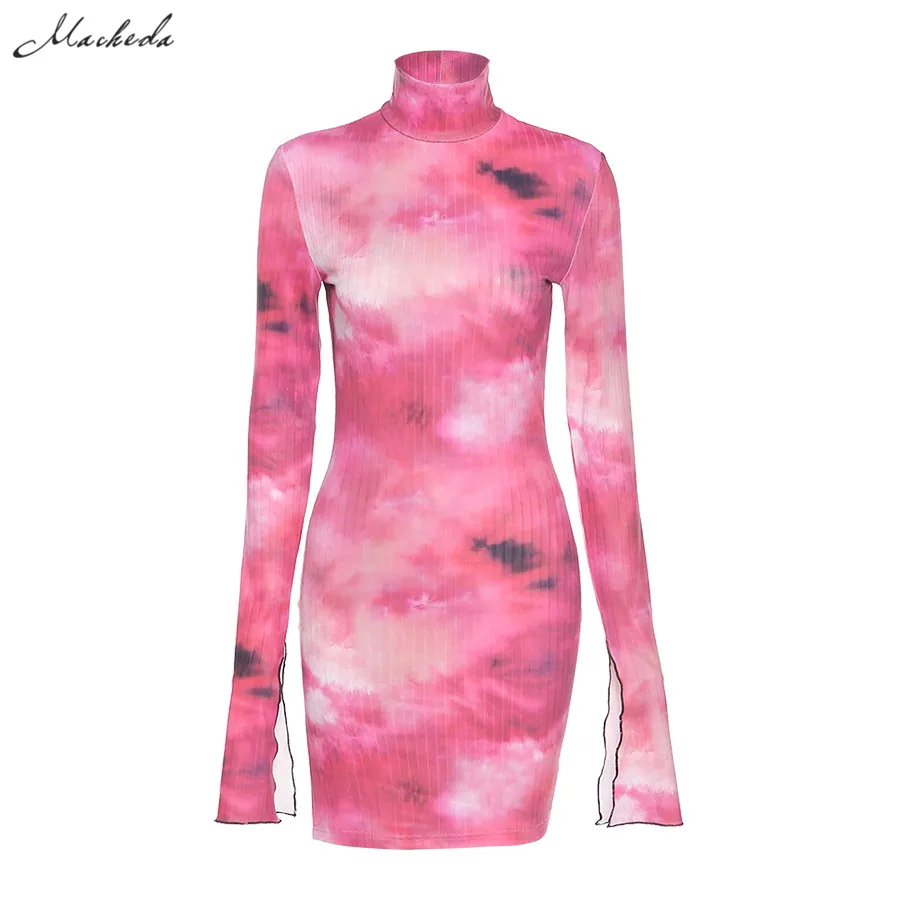 

Spring Fashion Printing Knitting Slim Dress Women Turtleneck Long Sleeve Clothing Lady Sexy Split Bodycon Mini Dresses