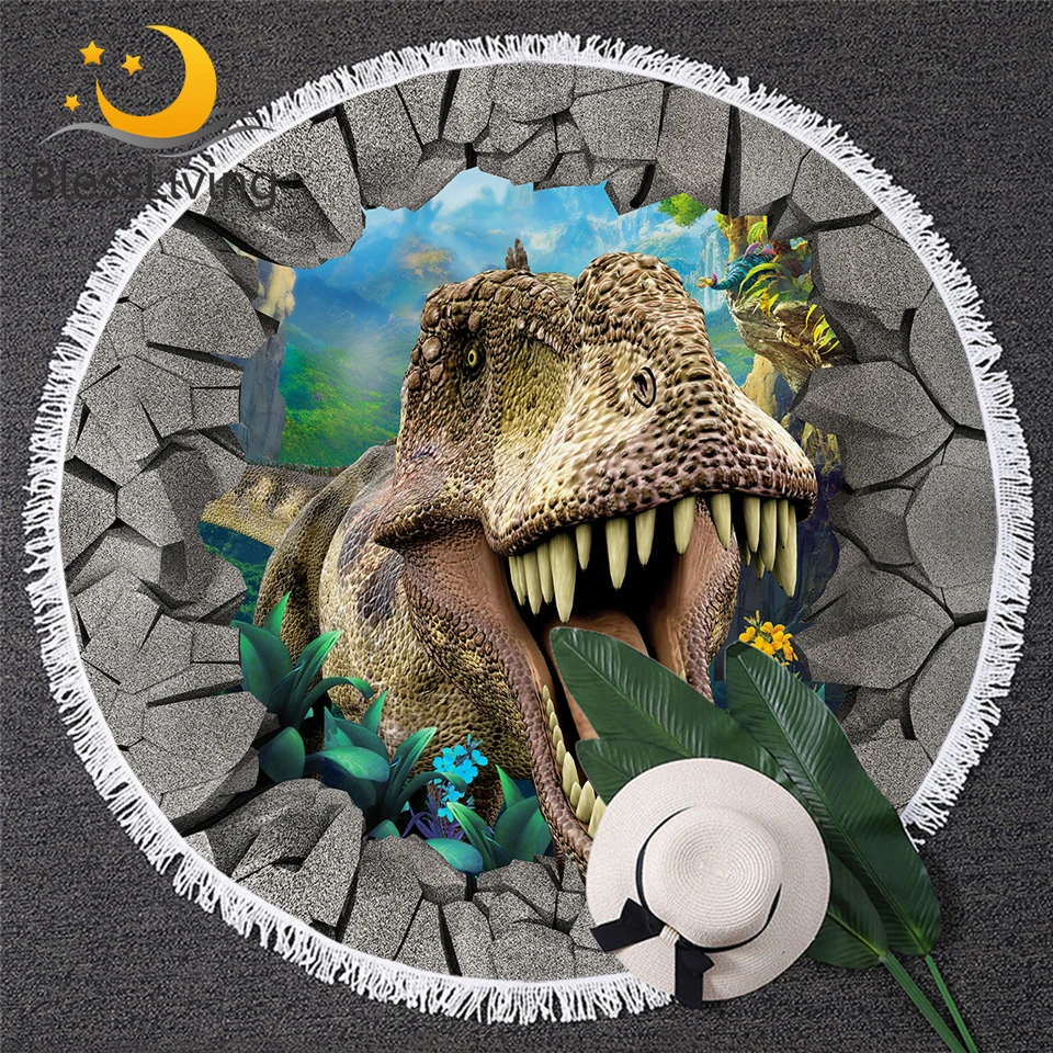 Круглое пляжное полотенце с динозавром страшное 3D круглое банное животными для