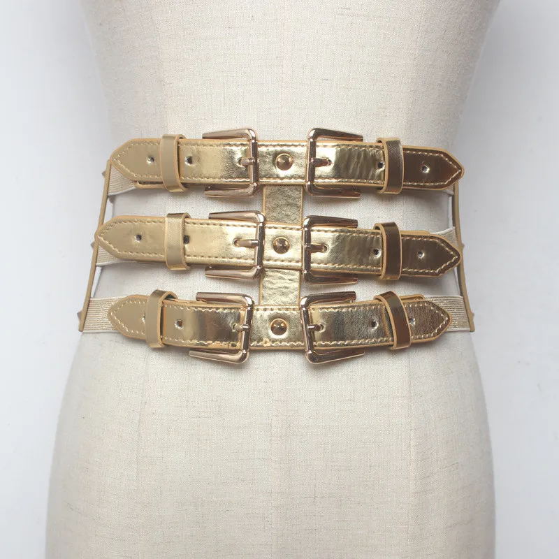 

New Fashion Vintage metal Double Clasp Women Belt Buckle PU Girdle Waistband Vintage Wide elastic Belt Girdle Cinturones Mujer
