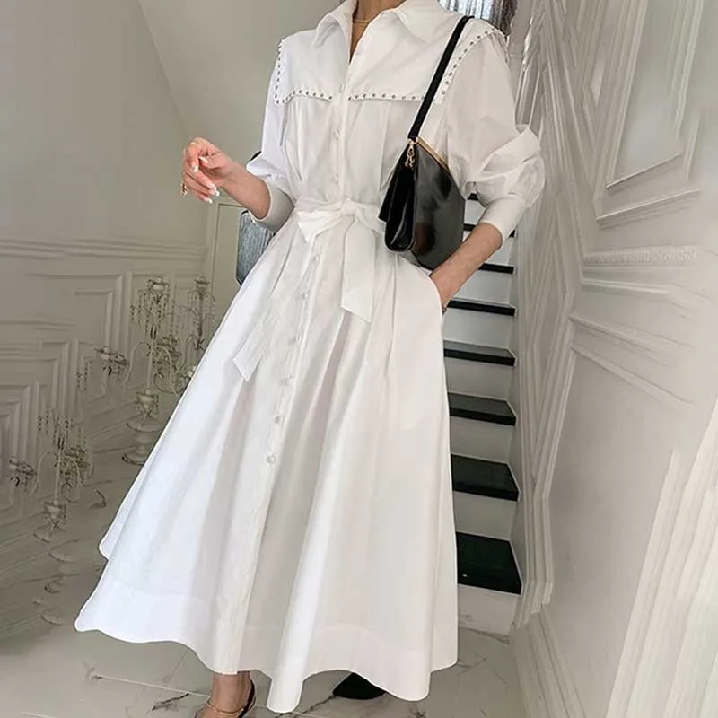 Vestido blanco de una pieza para mujer, moda coreana, camisa de manga larga con una hilera de botones, primavera y otoño, 2021