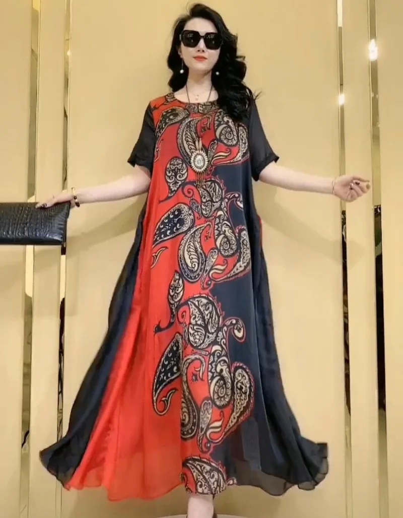 

Chikichi 2021 летнее Новое модное и элегантное платье с круглым вырезом из шелка тутового шелкопряда с принтом женское свободное платье большого ...