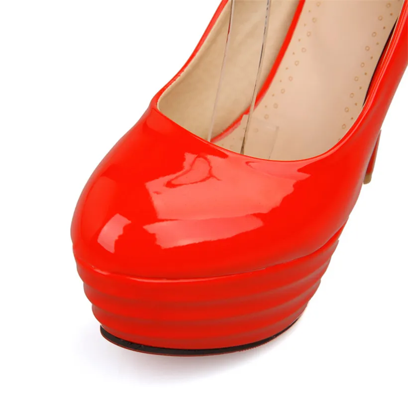 Big Size Women Platform Pumps 13cm Thin Spike High Heel Round Toe Patent Leather Party Wedding Bridal Office Lady Dress Stiletto