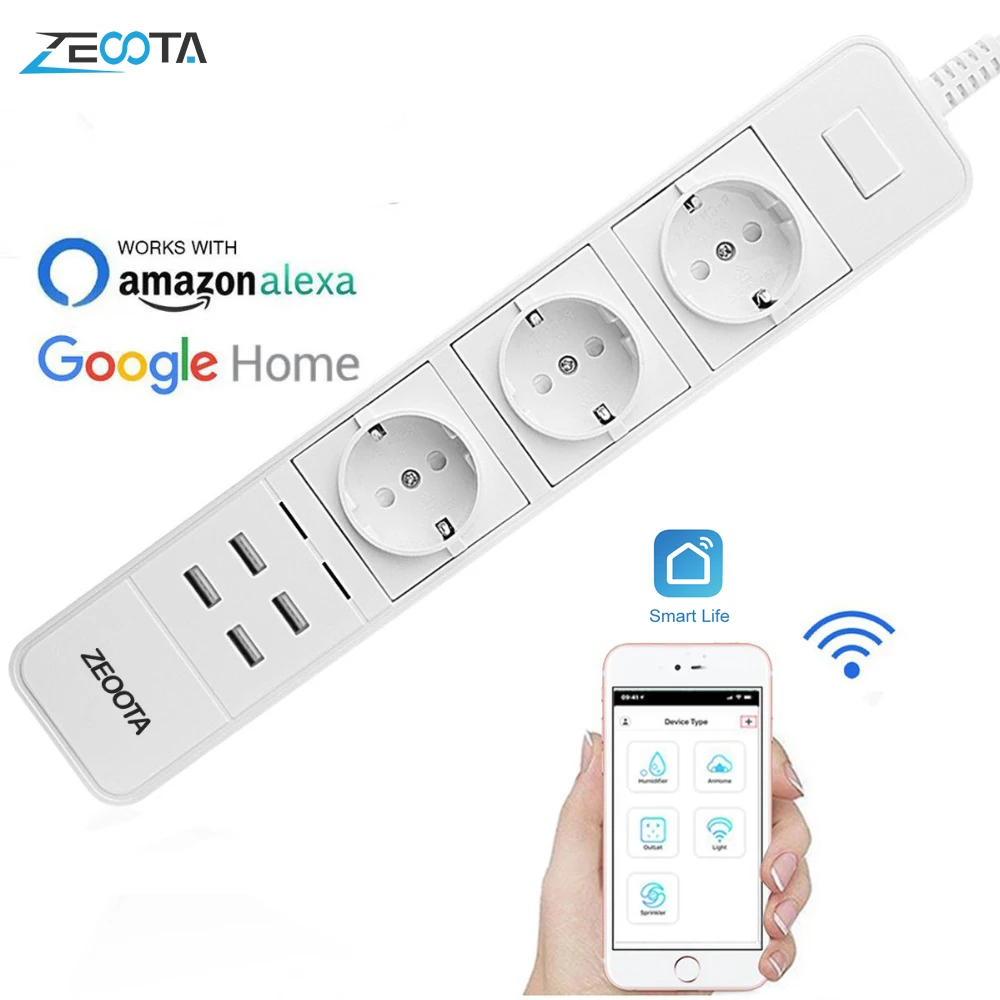 Умный Wifi сетевой фильтр, защита от перенапряжения, несколько розеток питания, 4 порта USB, голосовое управление для Amazon Echo Alexa, Google Home, таймер