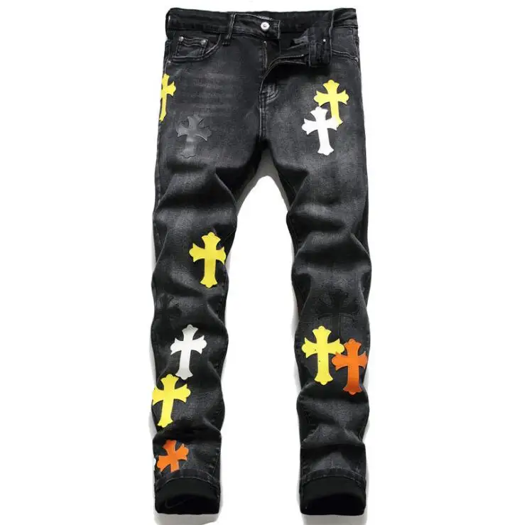 Original Design jeans men's pants New European and American Embroidered Cross Medal Small Straight Men's Micro-stretch trousers