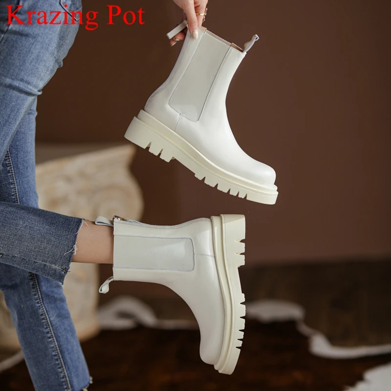 

Lenkisen big size cow leather med heels Chelsea boots slip on winter shoes round toe brand classics office lady ankle boots