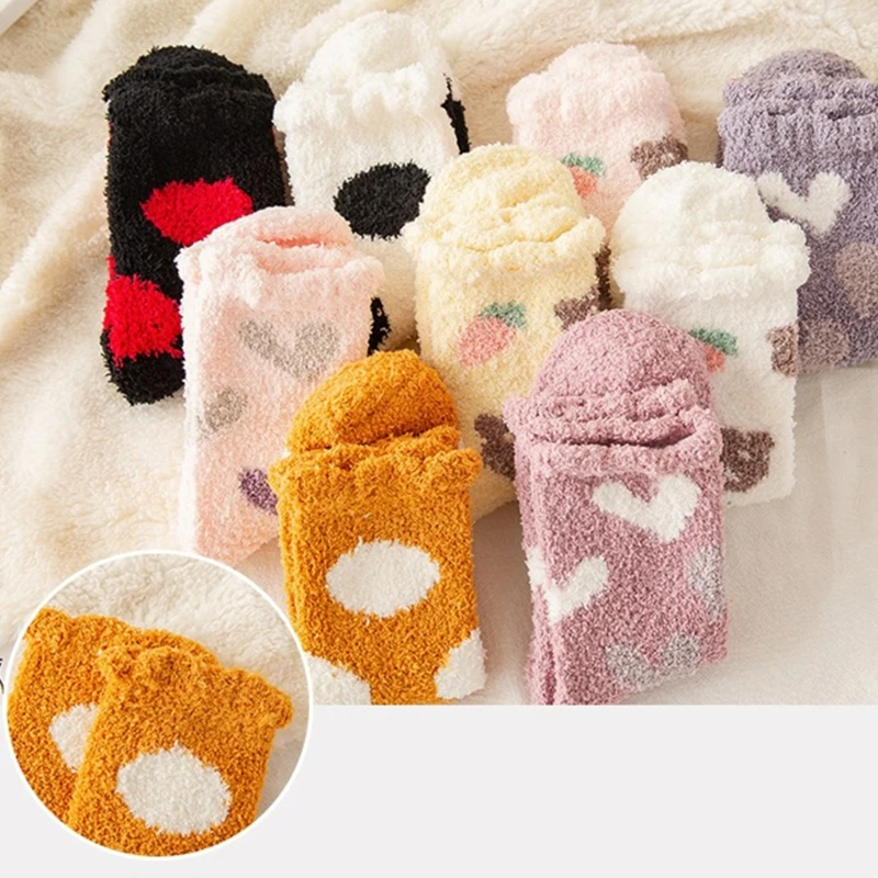 

10 Pairs Women Winter Microfiber Fuzzy Slipper Crew Socks Kawaii Heart Dot Bear Printed Fluffy Warm Sleeping Hosiery