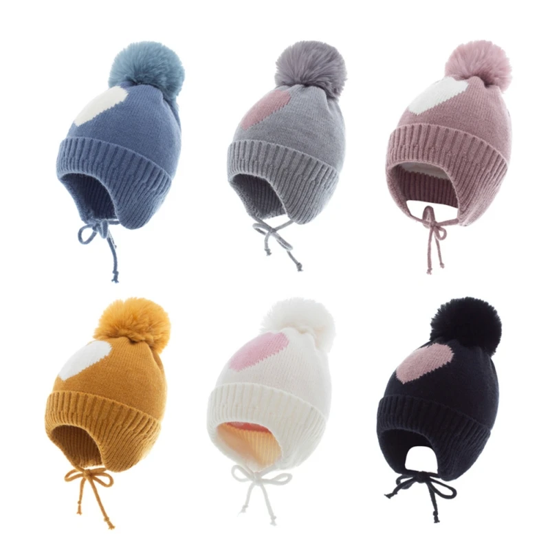 

Cute Thick Children's Warm Beanies Hat Heart Print Outdoor Windproof Fleece Lined Knitted Hat For Autumn Winter
