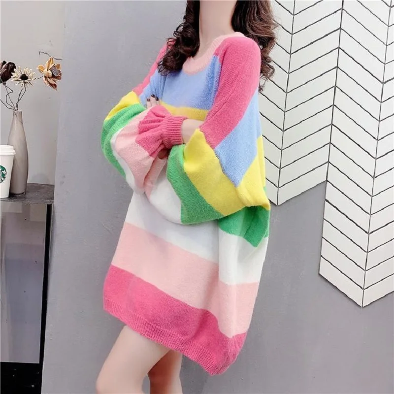 

Deeptown Korean Style Knitted Sweater Women Oversize Rainbow Striped O-neck Pullover Lazy Wind Long Sleeve Color Contrast Jumper