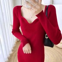 bodycon dresses for women v neck sweater striped solid winter autumn christmas fashion elegant classy lady slim party dress 2021