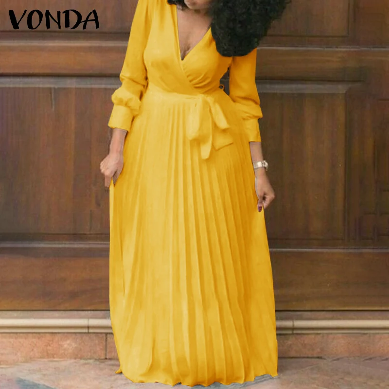 

Bohemian Dress 2022 VONDA Women V Neck Long Sleeve Party Long Maxi Dress Stylish Baggy Street Casual Solid Vestido Oversized