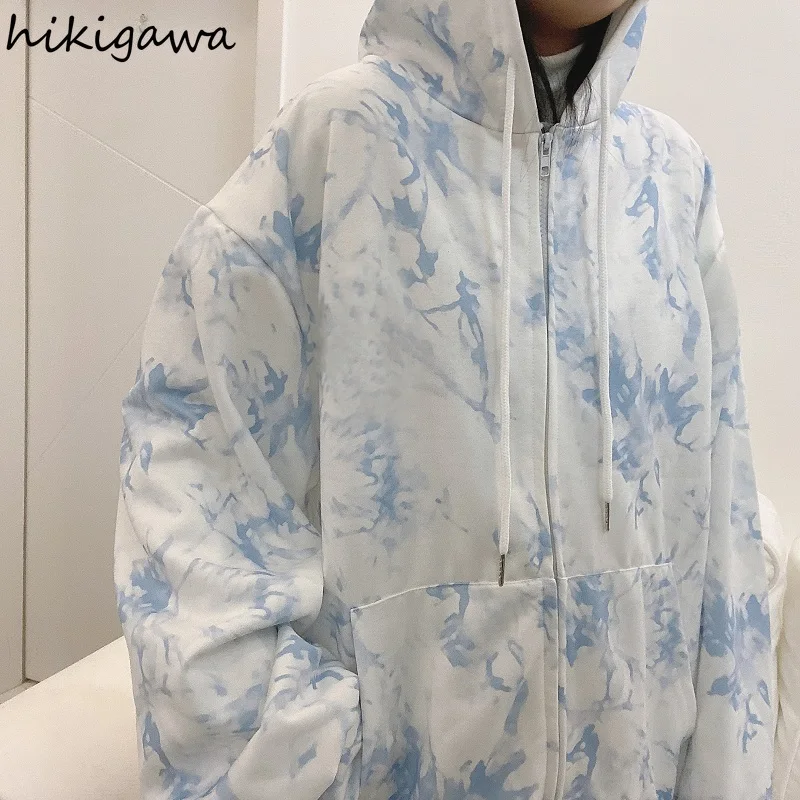 

Hikigawa Hoodies Women Korean High Street Tie-dye Loose Bf Hooded Zipper Sweater Long Sleeve Outerwear Harajuku Fashion Tops