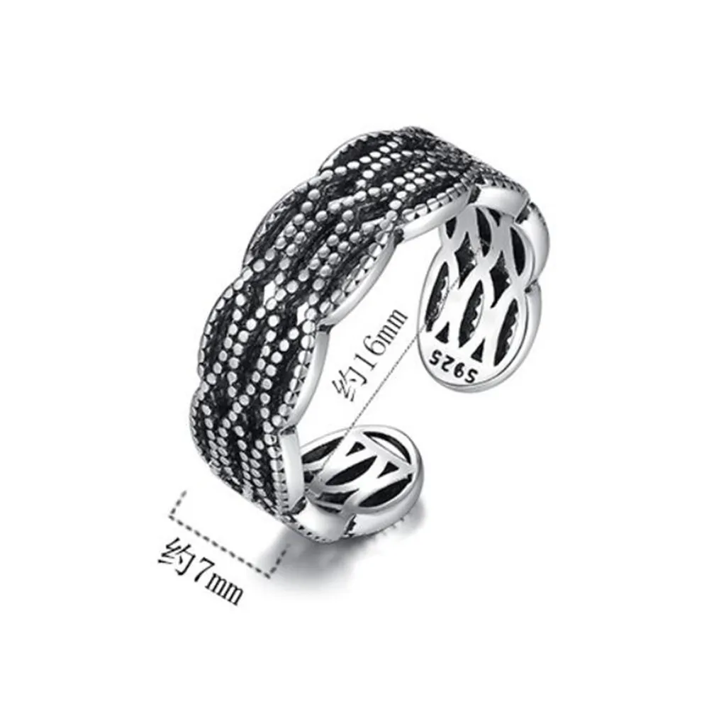 

925 Sterling Silver New Woman Jewellery Open Ring High Quality Retro Simple Black Hollow Size Adjustable Ring