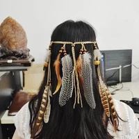 boho vintage ethnic adult hair band peacock feather pendant headband leaves rope knitted belt elastic hairwear headdress jewelry