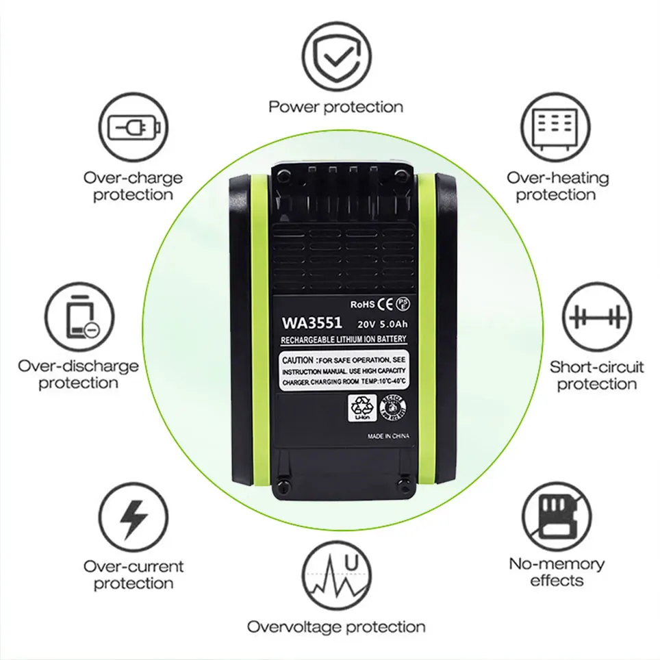 2021 20V 5000mAh Li-ion rechargeable replacement battery suitable for Worx power tools WA3551 WX390 WX176 WX178 WX678 WG894E | Электроника