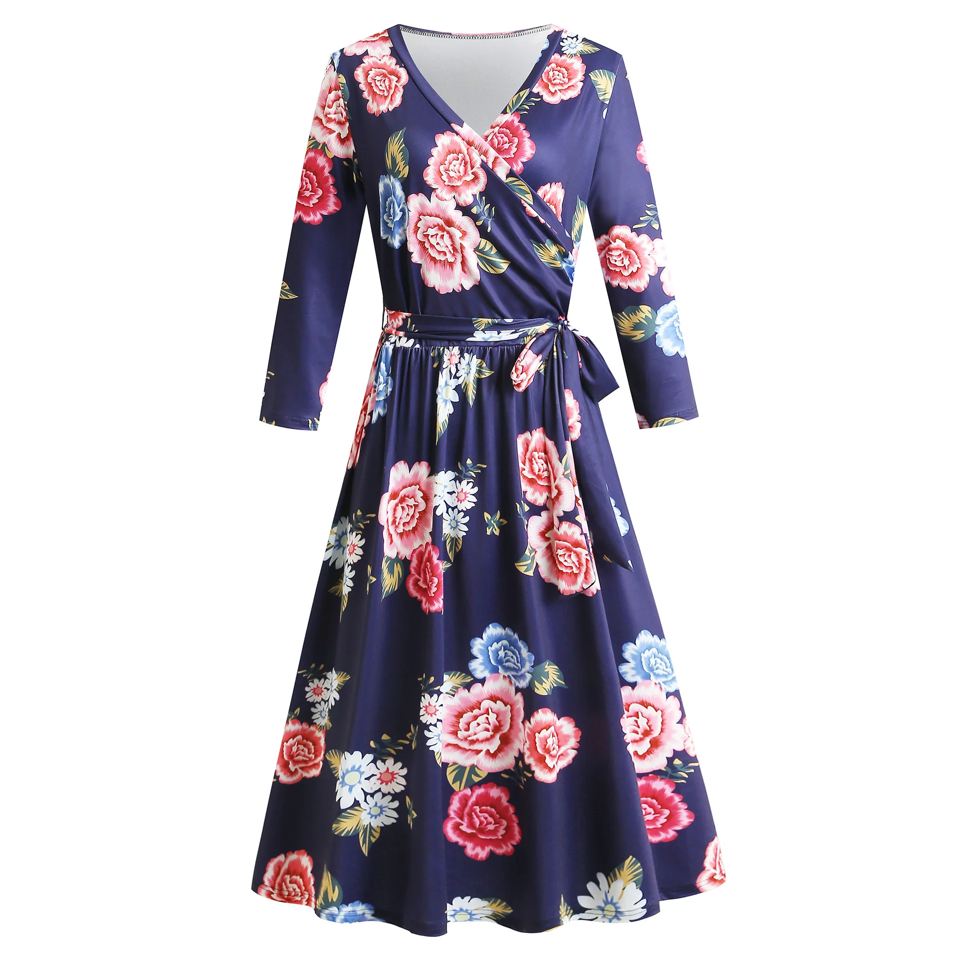 Женское летнее платье с перекрестными цветочными принтами и поясом Осеннее