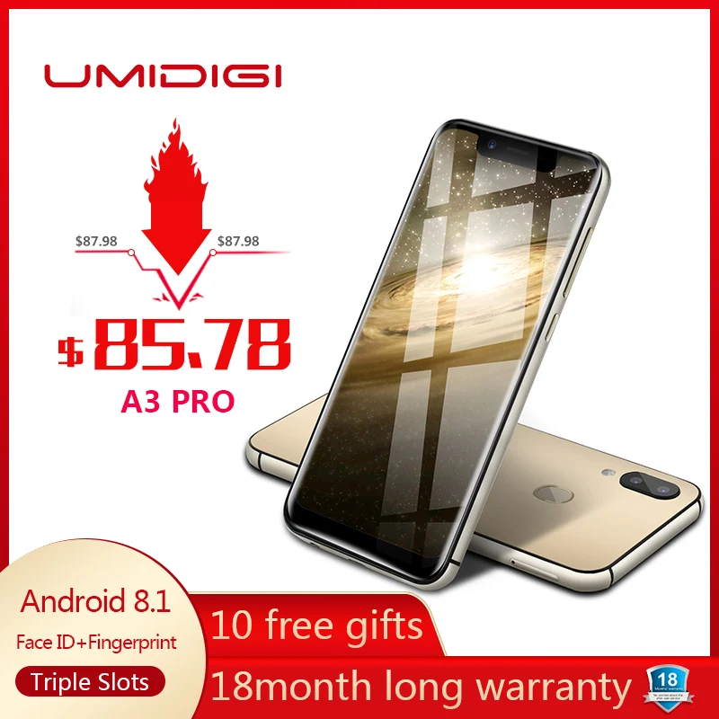 UMIDIGI A3 Pro 5," 19:9 полноэкранный смартфон 3 ГБ+ 32 ГБ Android 8,1 12 Мп+ 5 Мп мобильный телефон двойной 4G GSM+ FHD+ OTG разблокированный сотовый телефон