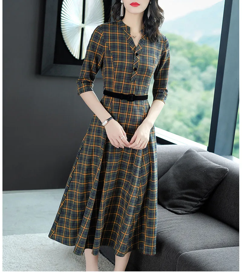 Новое Ретро английское большое Свободное длинное платье приталенное клетчатое