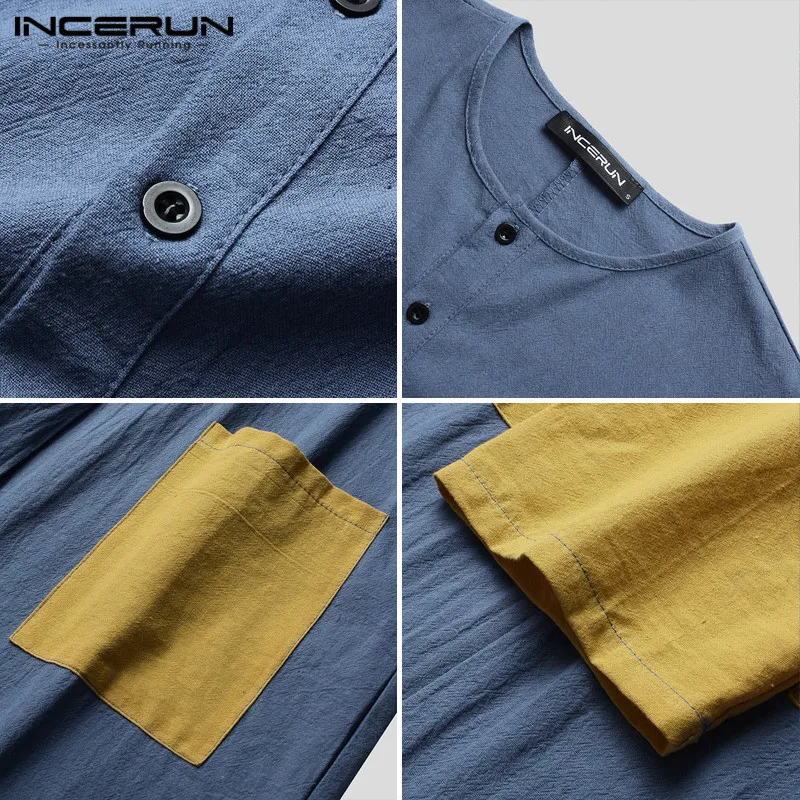 

INCERUN Men Muslim Jubba Thobe Patchwork Button Long Sleeve Pockets Robes Vintage Islamic Arabic Kaftan Dubai Men Clothing S-5XL