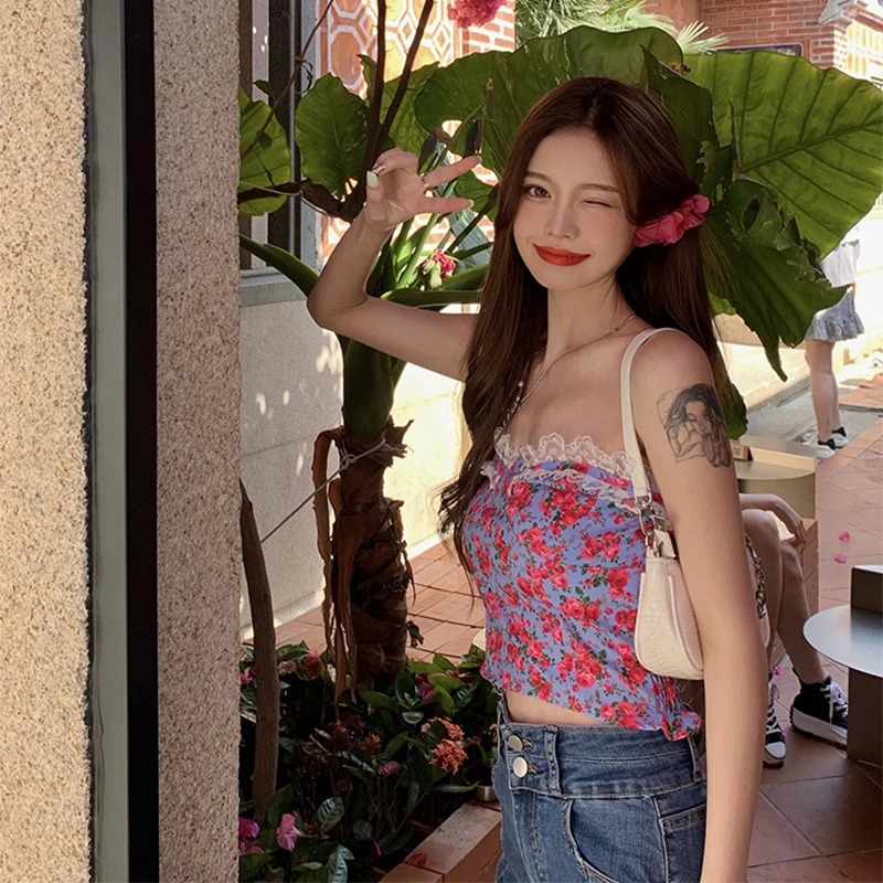 

Summer New Womens Tank Top Patchwork Lace Floral Low-cut Tube Tops Female Casual Sleeveless Bustier Slim Short Crop Tops Femme
