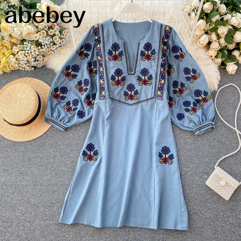 

Women's Summer Dress Retro Bohemian Embroidered Puff Sleeve V-neck Dress New Loose Short Female Dresses