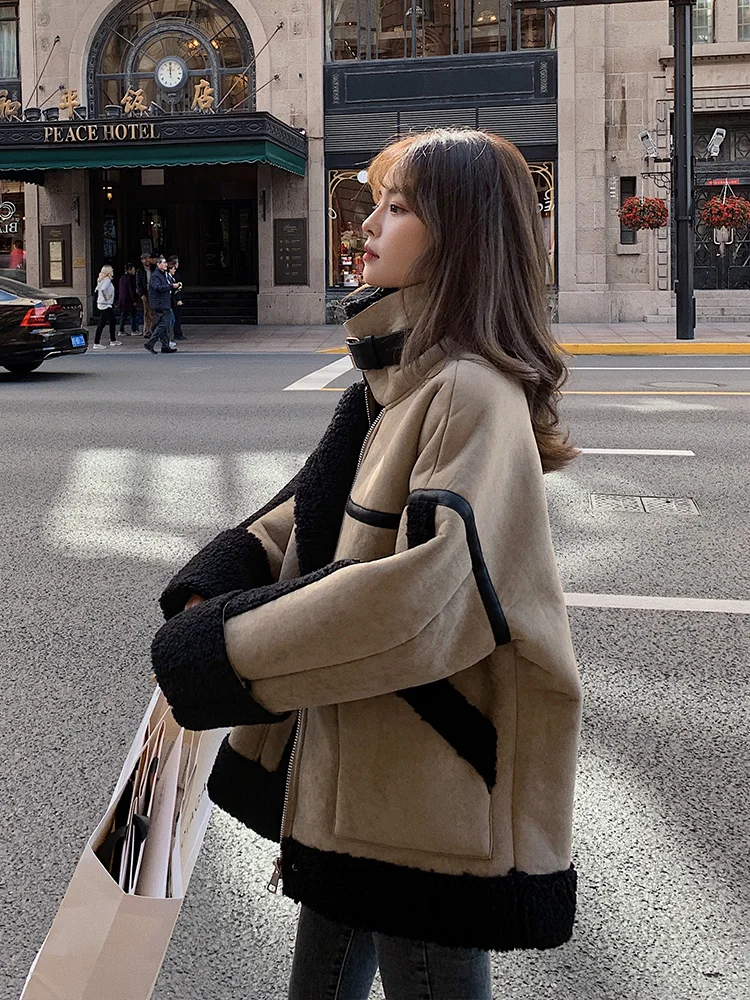 

Women 2021 Autumn Winter Loose Casual Turn-down Collar Locomotive Clothing Female Warm Faux Lamb Fur One Piece Jacket Coat C549