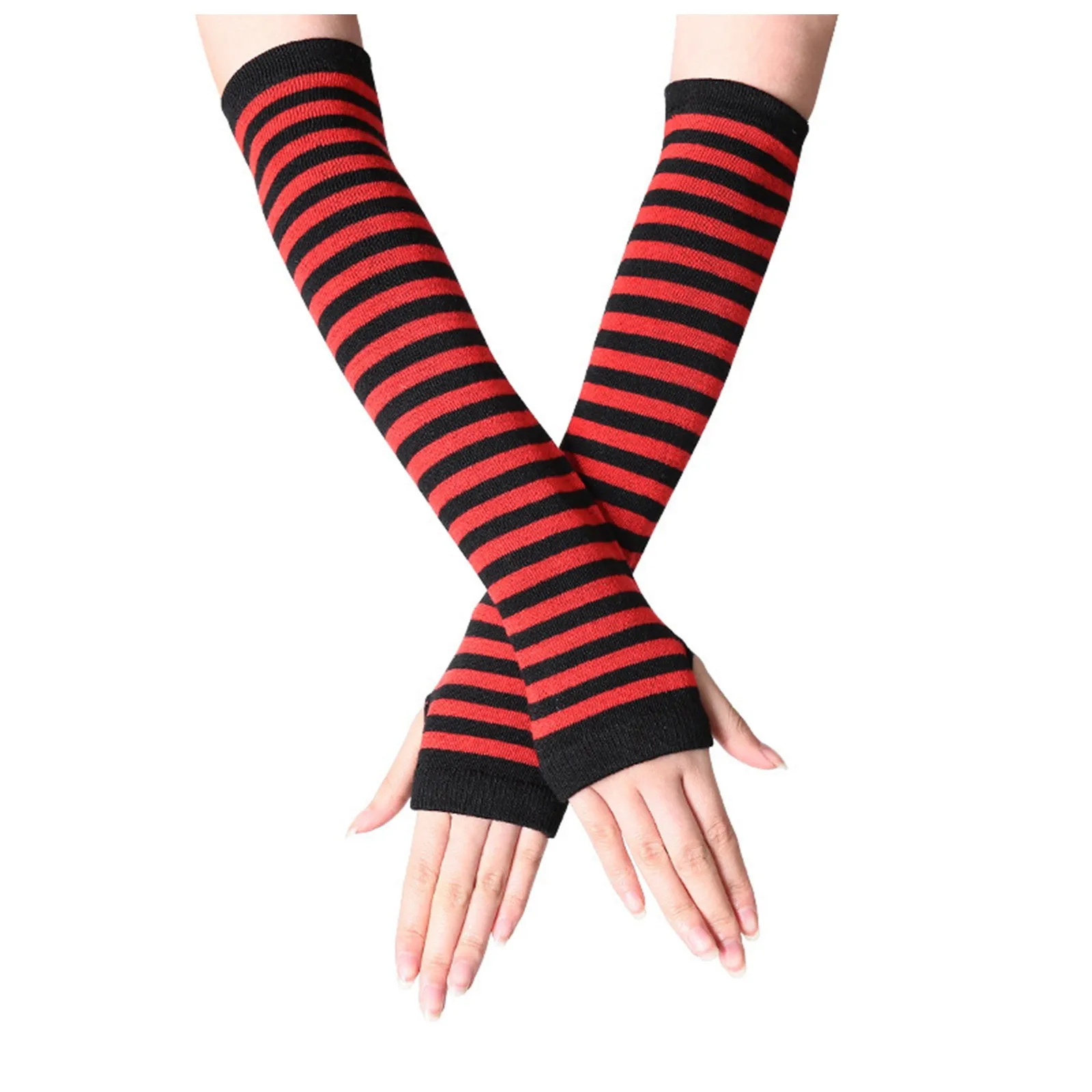 

Women Punk Striped Long Fingerless Gloves Fashion Gothic Rock Long Arm Gloves Autumn Elbow Gloves Warmer Knitted Mittens