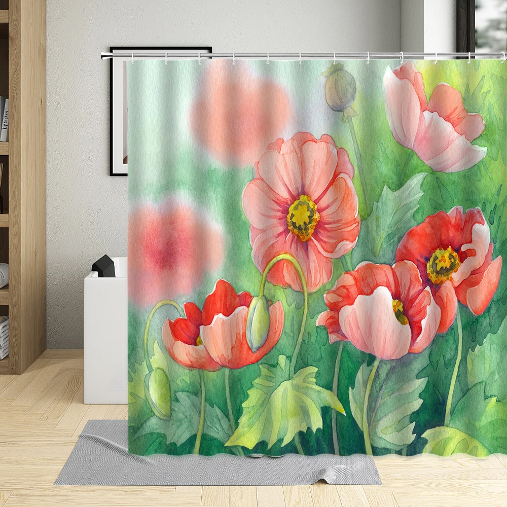 

Plant Flower Red Poppies White Background Shower Curtain Rural Scenery Decoration Bathroom Curtains Bathtub Dedicated With Hook