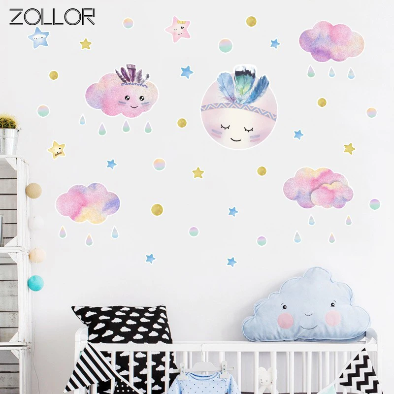 

Zollor Watercolor Smile Clouds DIY Wall Sticker Candy Color Home Decoration for Bedroom Nursery Mural Decals PVC Wallpapers