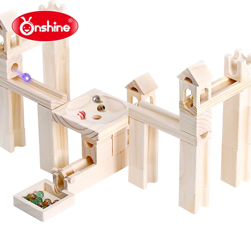 

80 Pieces of Wooden Marble Track Building Blocks Children's Educational Assembling Diy Pipe Ball Toy