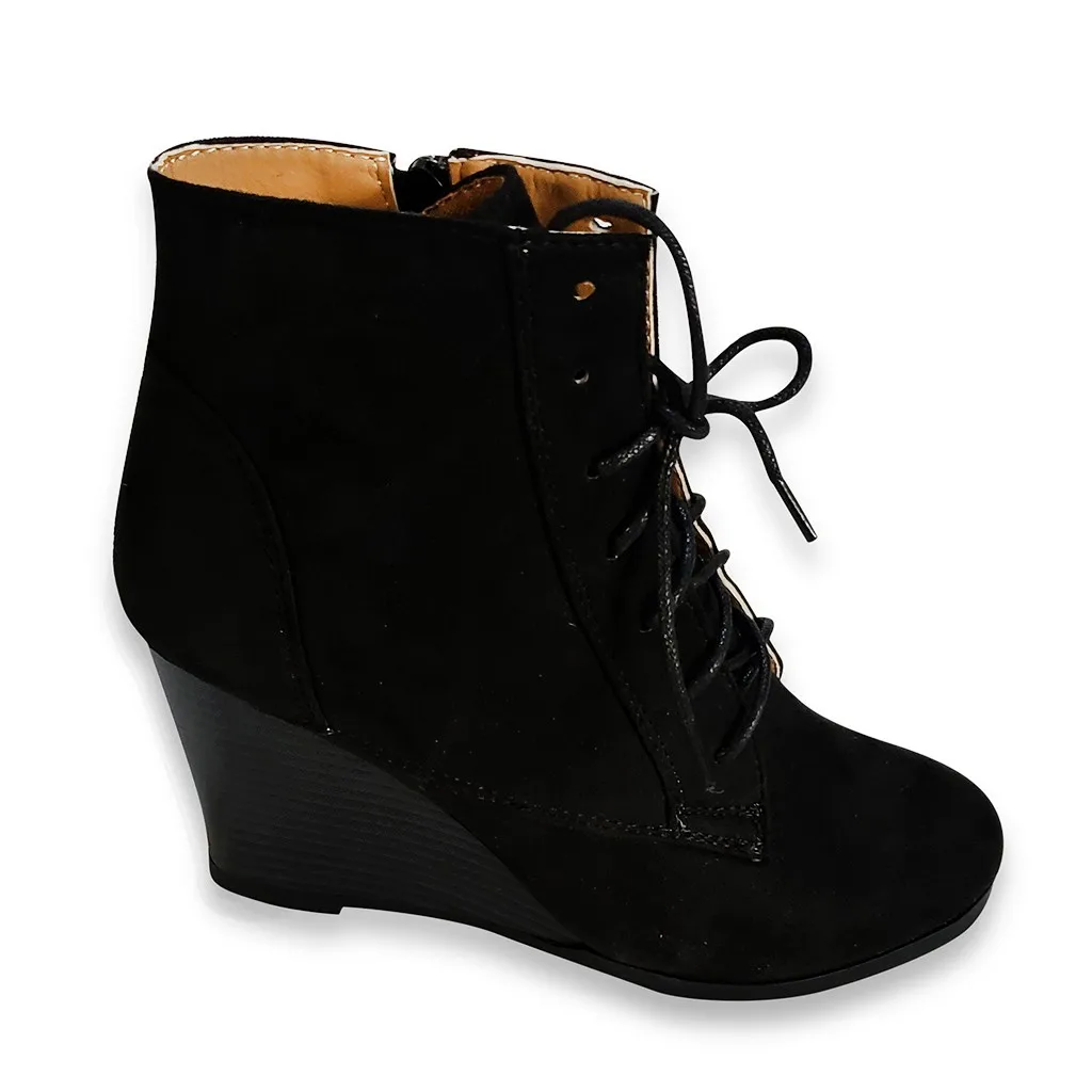 Женские ботинки однотонные на танкетке со шнуровкой молнии для девочек