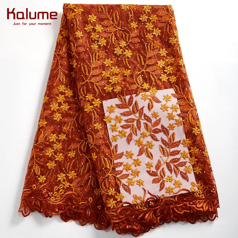 

Kalume Peach African Lace Fabric Cheap Nigerian Tulle Lace Fabric With Beads Stones French Lace Fabric For Party Wedding F2318