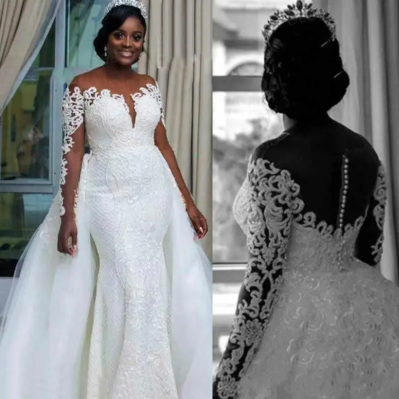 

2021 African Lace Wedding Dresses with Long Sleeves Illusion Mermaid Detachable Bridal Wedding Gown High Quality Vestidos