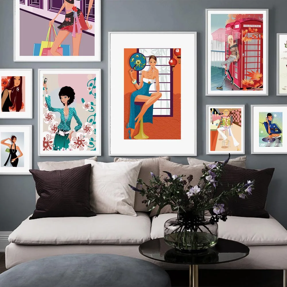 Мода девушка торговый бар телефонная будка настенный Арт холст живопись