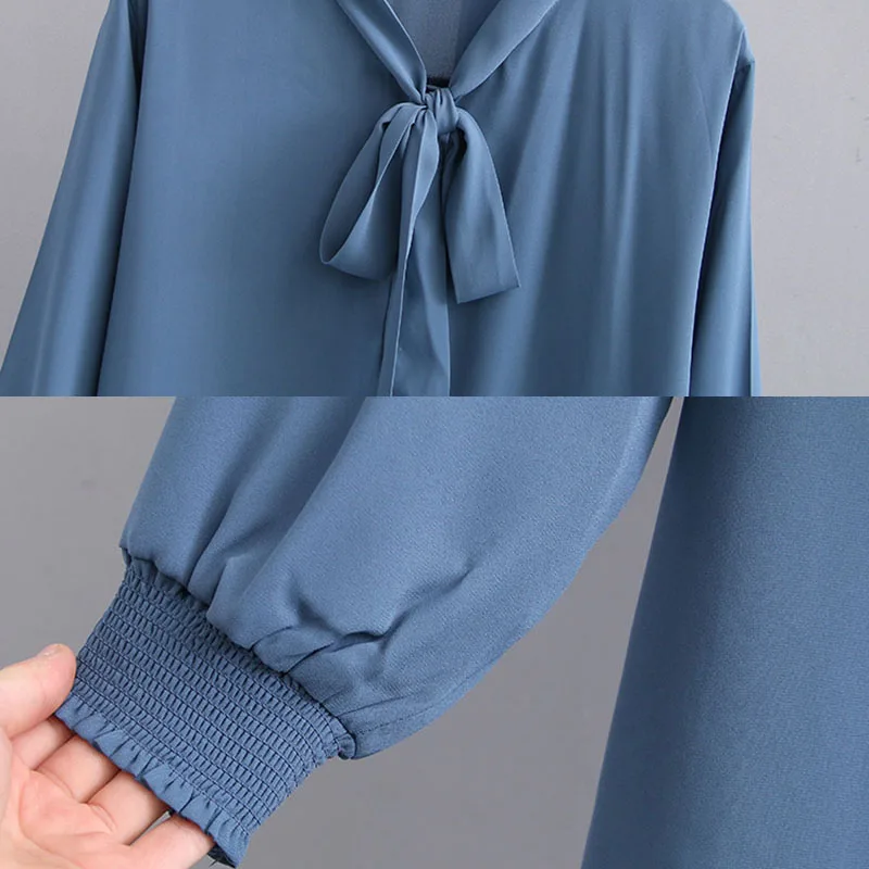 

Office Lady Puff Sleeve Women Shirts with Bow 2021 Plus Size Chiffon Women Blouse and Tops Vintage Loose Female Clothing 12963