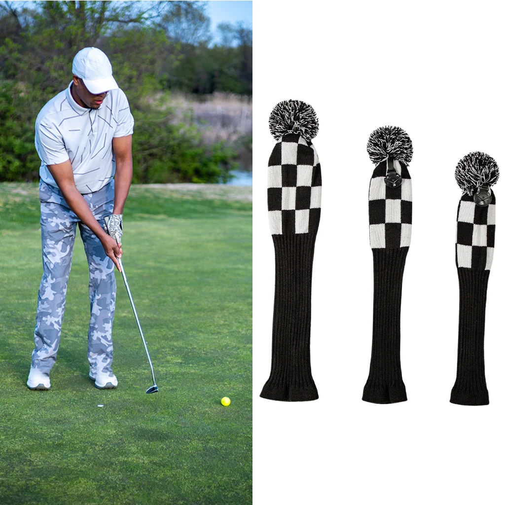 

3Pieces Pom Pom Knitted Golf Club Head Covers for Woods Driver Fairway Hybrid with Number Tag 1 3 5