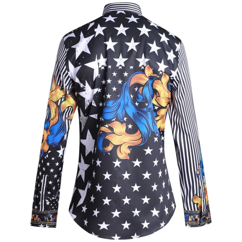 

Fashion Personality Printed Male Shirt Striped Slim Fit Mens Shirts Stars Patchwork Long Sleeve Tops Spring Casual Mens Clothes