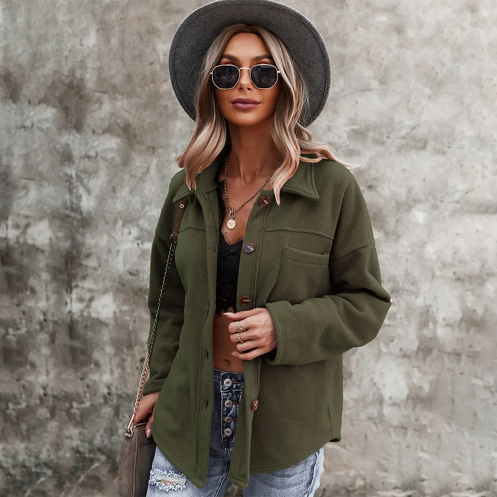 

2021 Fashion Women Fleece Shirts Coat Chic Solid Long Sleeve Female Casual Jacket Loose Fleece Coats