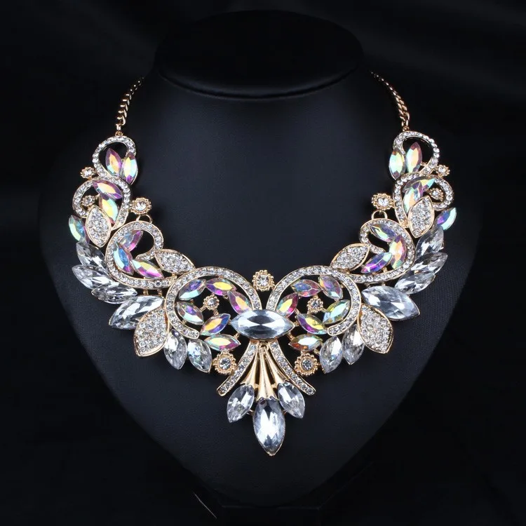 Люксовый Бренд AB Блеск Хрустальный Цветок Цепь Choker Заявление Ожерелья Подвески Горный Хрусталь Нагрудник Воротник - Окраска металла: AB shine
