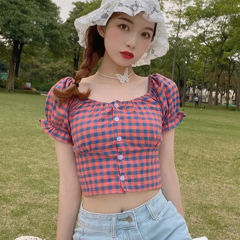 

Women Blouses Summer Korean Plaid Square Collar Casual Tops Women Puff Sleeve Fashion Short Blouse. ,