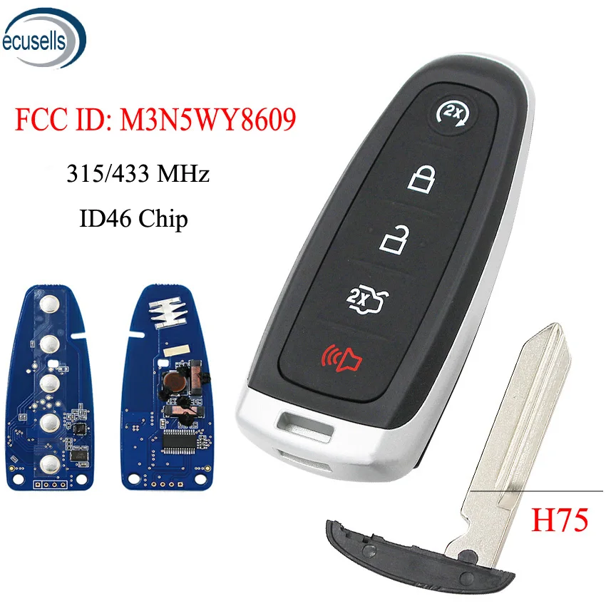 5 Buttons Smart Remote Start Smart Prox Key Fob Transmitter for Ford 315/433MHz ID46 Chip FCC: M3N5WY8609 with H75 small key
