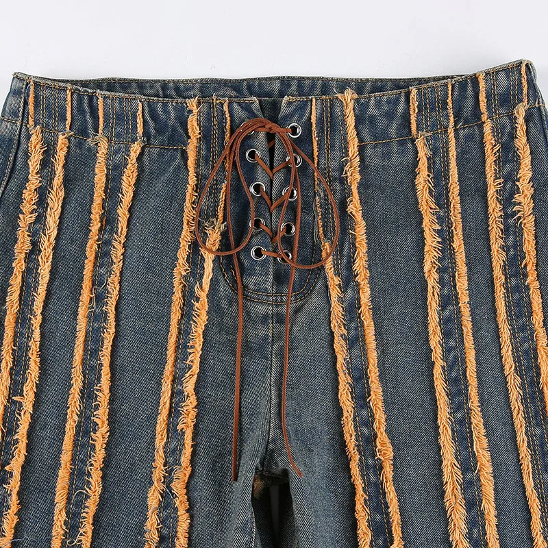 

2021 New Style Women's Pants High Waist Street Style Burr Stripe Lace Up Jeans Trousers for Female