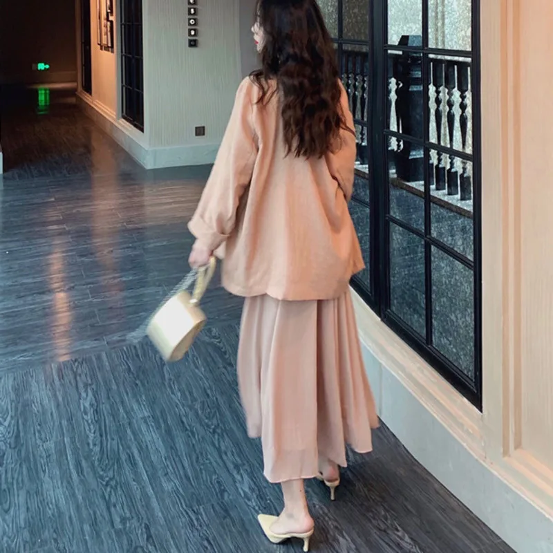 

Spring Skirt Suits Women Vintage Tube Top Strap Maxi Dress+ Lazy Linen Blazer Suits 2 Piece Sets Womens Outfits 2021