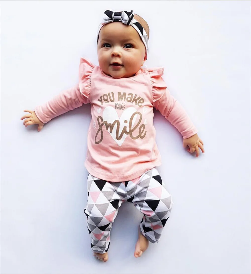 Infant Clothing Newborn Baby Girls Clothes 3Pcs Set Cute Toddler Cotton You Make Me Smile Outfits T-shirts+Pants+Headband | Мать и