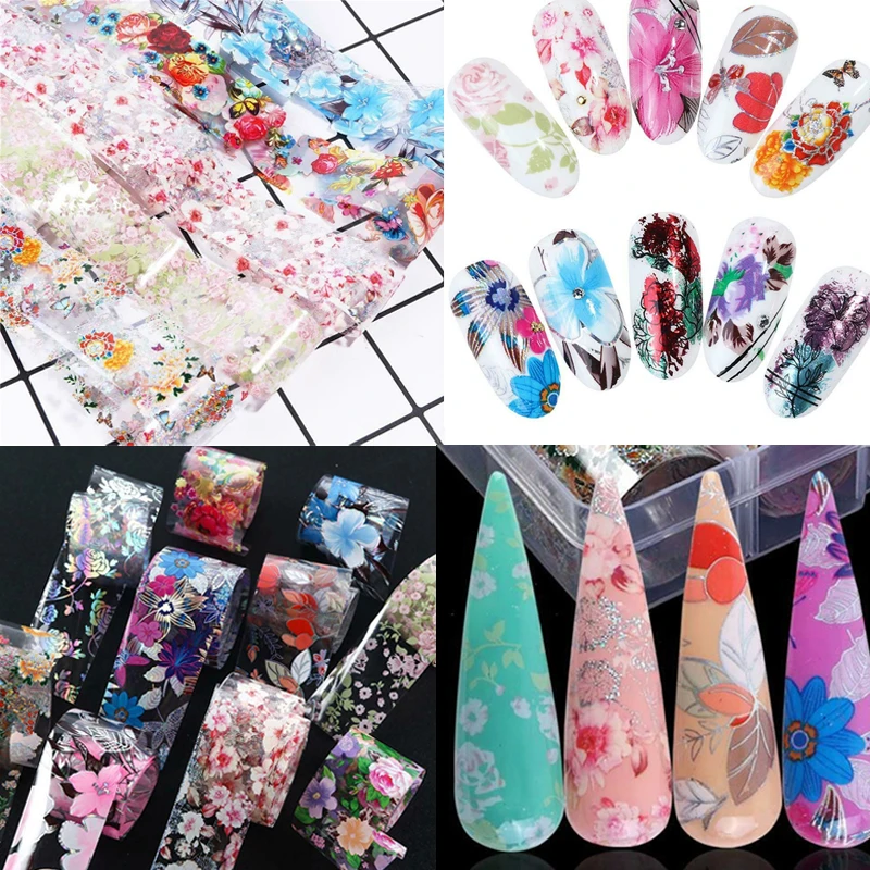 

10 Rolls/Set Holographic Nail Foil Starry Flower Transfer Paper Nail Polish Sticker Decals Adhesive Foils 3D Manicure DIY Nail