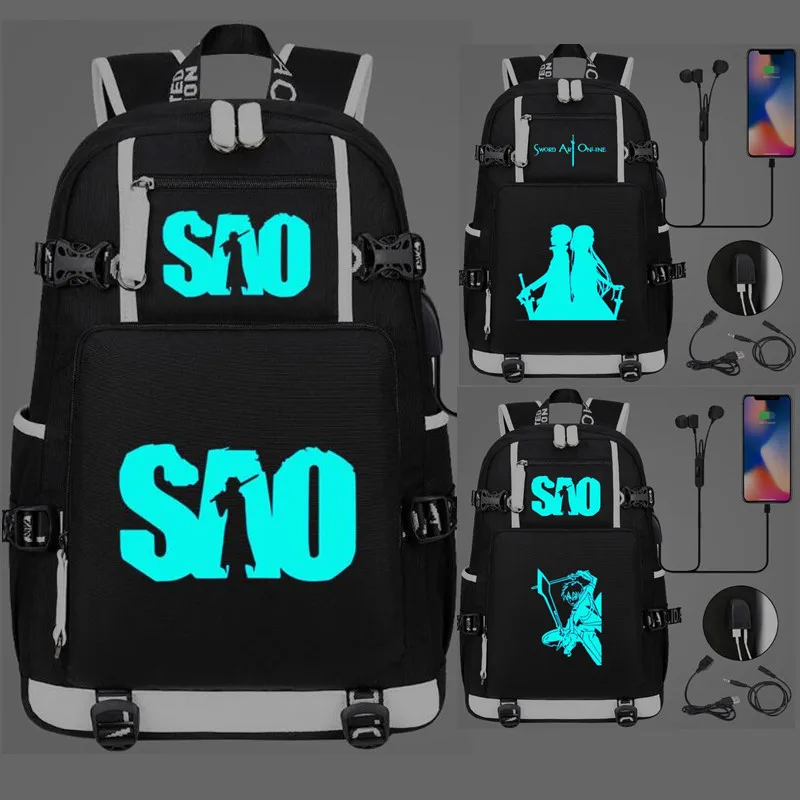 

Sword Art Online Luminou Anime USB Port Backpack Book Bags Laptop School Travel Girl Boys Rucksack Book Travel Computer Bag Gift