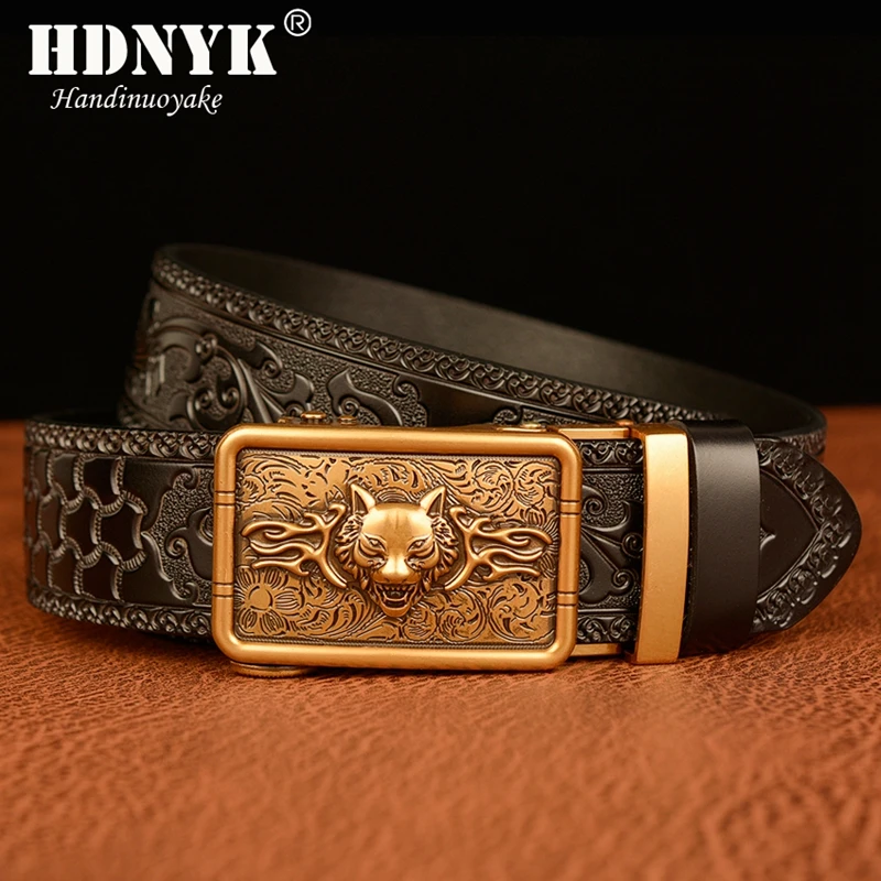 New Style Wolf Head Style Buckle Cowskin Leather Belt for Men Carving Tang Grass Patterns Belts Strap Male Waistband for Gift