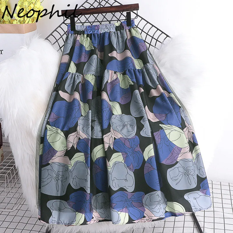 

Neophil 3Layer Retro Ladies High Waist Tulle Midi Skirt Floral Print Women 2021 Summer Volie Mesh A-Line Skirt Jupe Femme S21627
