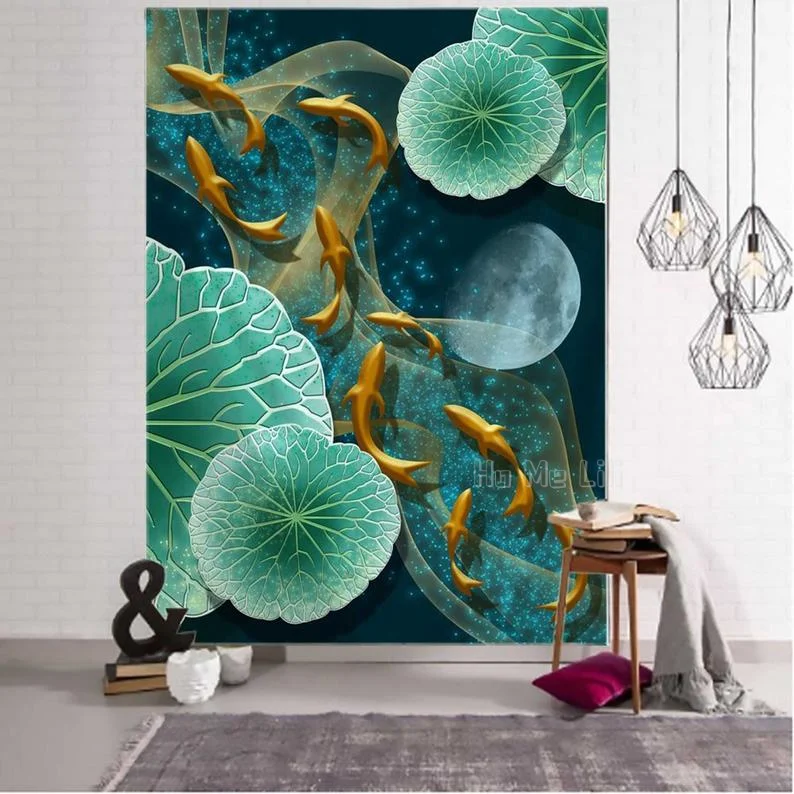 Koi Fish в лотосном пруду Классический гобелен искусство Настенная подвеска