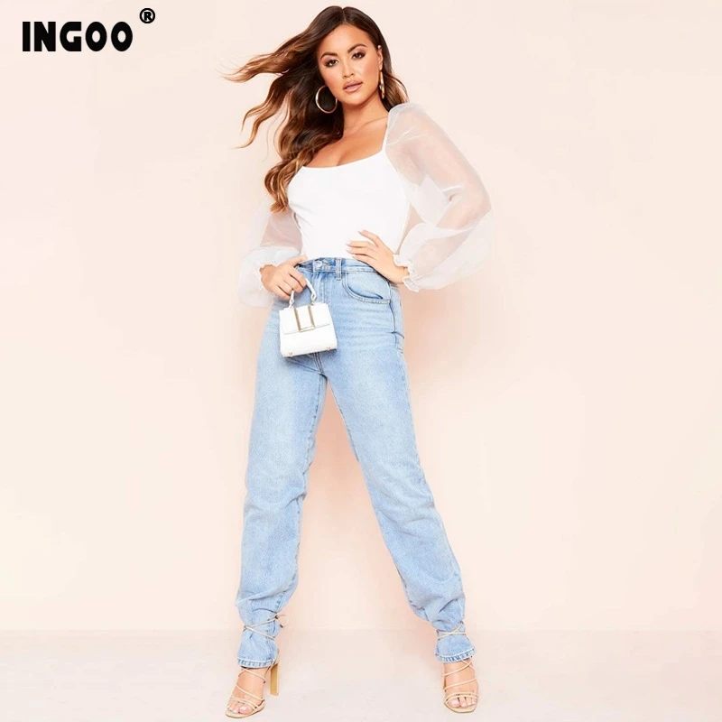 INGOO элегантная сетчатая пышная женская рубашка с длинным рукавом 2020 Весенняя