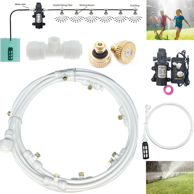 Cheap Mist Cooling System 6M 18M 12V Diaphragm Pump Sprayer Watering Brass Threaded 3 16 Fog Nozzles Garden Nebulizer Atomizer Kit